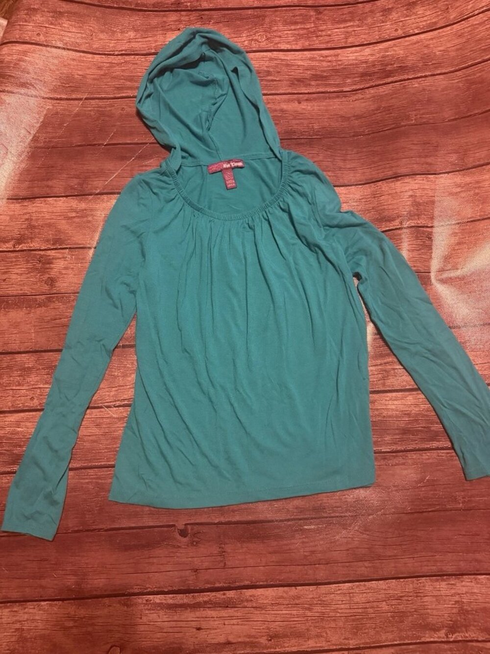 Girl’s Epic Threads Teal Long Sleeved Hooded Top Shirt Gathered Neck Large